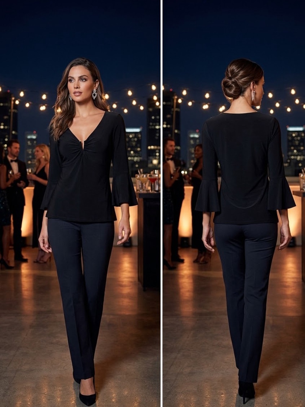 White House Black Market Black V-Neck Sexy Bell-Sleeve Top SZ M